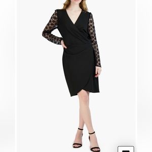 NEW! Donna Ricco Lace Long Sleeve Faux Wrap Cocktail Dress, Black, Size 6